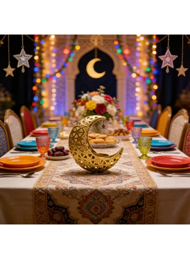 Golden Moon Shaped Candle Holder, Ramadan Decorative Metal Tealight Holder, Islamic Eid Ornament for Table Centerpiece, Home Decor, Bedroom, Living Room, Arabic Style Candle Stand for Ramadan, Eid al-Fitr, Wedding, Party（ZYZT-07C） - Image 1